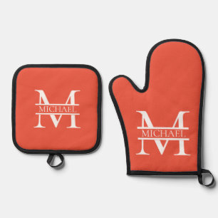 Personalised Elegant Orange Monogram and Name Oven Mitt & Pot Holder Set