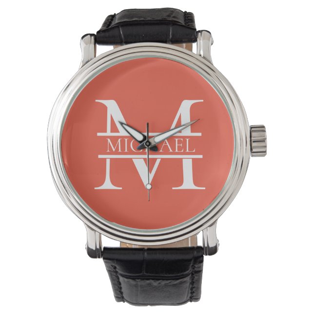Personalised Elegant Orange Monogram and Name Watch (Front)