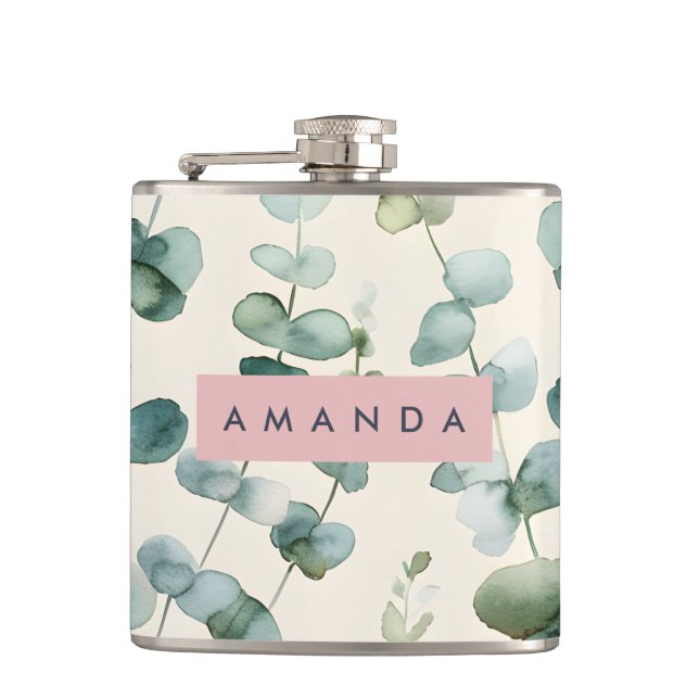 Personalised Elegant Pastel Eucalyptus Leaves Hip Flask (Front)