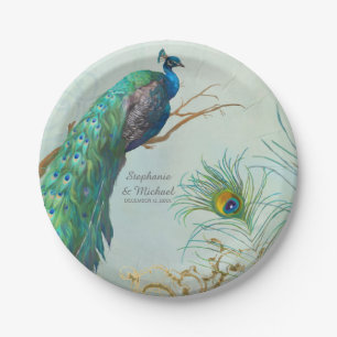 Personalised Elegant Peacock on Tree Branch Art Paper Plate