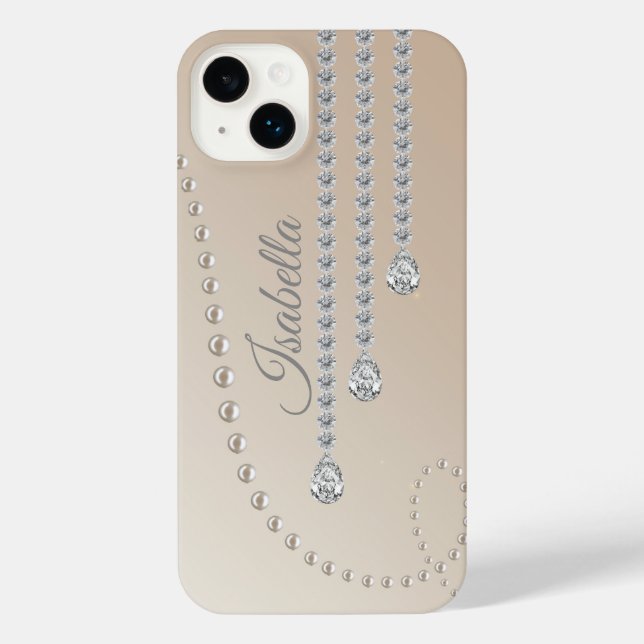 Personalised Elegant Pearl and Diamonds on Beige iPhone Case (Back)