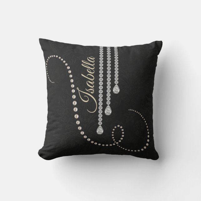 Personalised Elegant Pearl and Diamonds on Black N Cushion (Front)