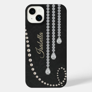 Personalised Elegant Pearl and Diamonds on Black N iPhone 14 Plus Case