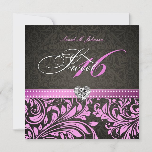 Personalised Elegant Pink & Black Damask Sweet 16 Invitation (Front)