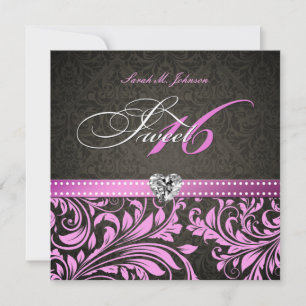 Personalised Elegant Pink & Black Damask Sweet 16 Invitation
