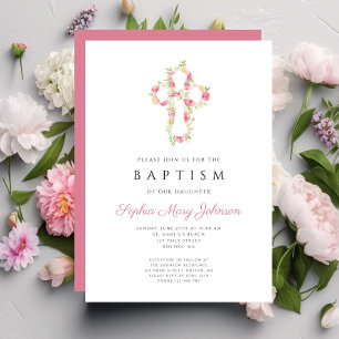 Personalised Elegant Pink Floral Cross Baptism Invitation