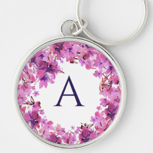 Personalised Elegant Pink Floral Monogram Key Ring
