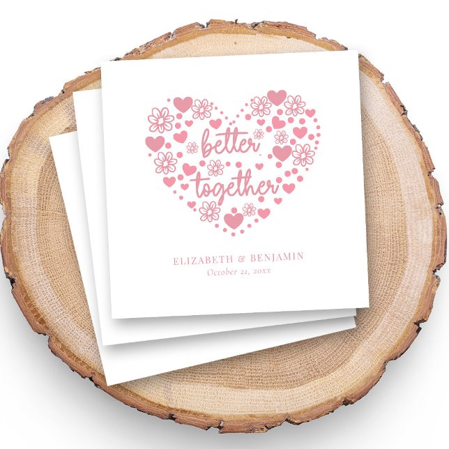 Personalised Elegant Pink Heart and Flower Wedding Napkin (Elegant Wedding Napkins with Pink Hearts & Flowers)