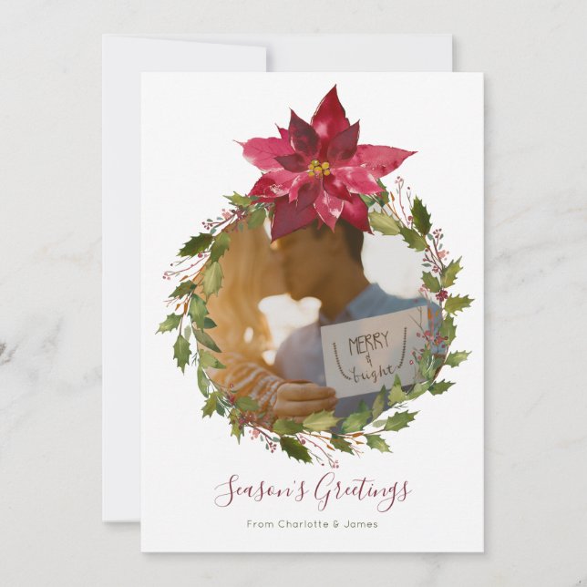 Personalised Elegant Poinsettia Wreath Christmas Holiday Card (Front)