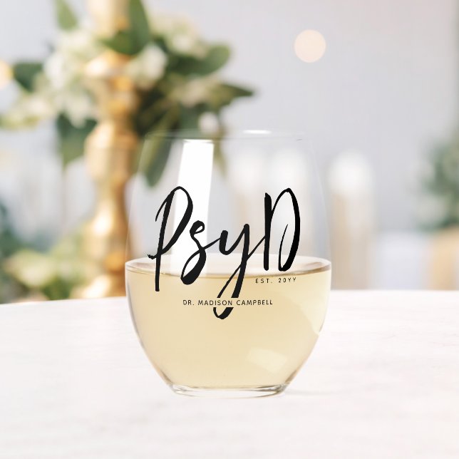 Personalised Elegant PsyD Doctor of Psychology Stemless Wine Glass (Insitu (Wedding))