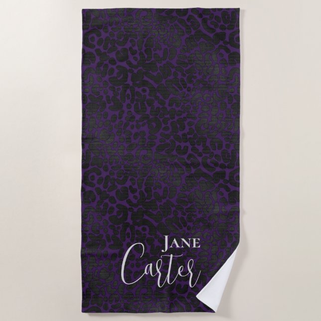 Personalised Elegant Purple Black Leopard Beach Towel (Front)