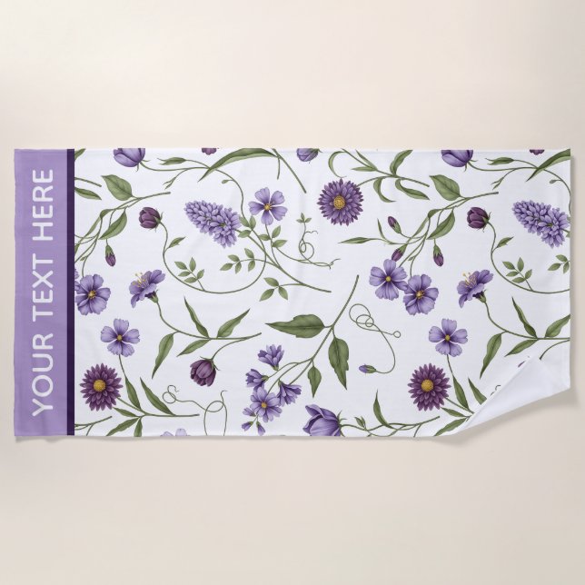 Personalised Elegant Purple Floral Botanical Beach Towel (Front)
