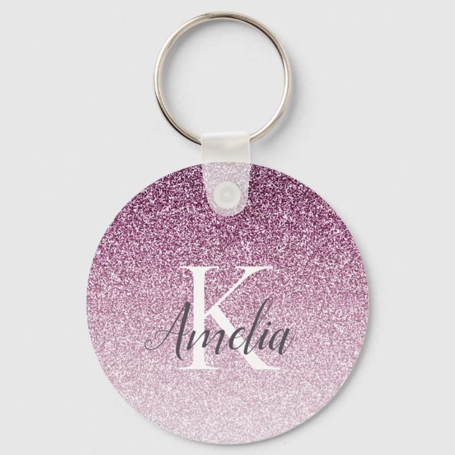 Personalised Elegant Purple Glitter Monogram Name Key Ring (Front)