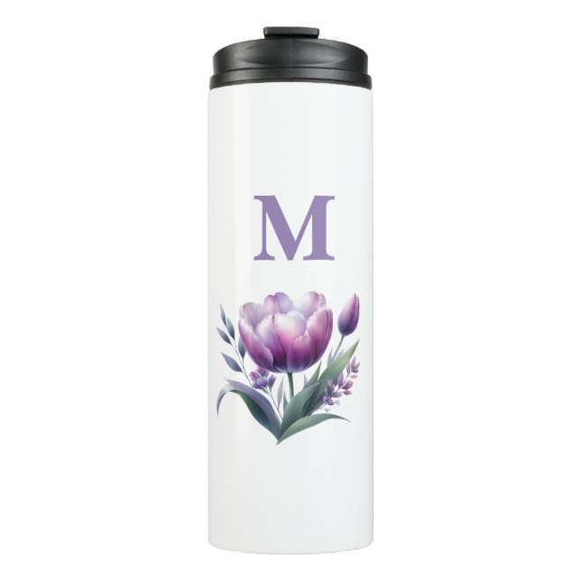 Personalised Elegant purple Tulip Monogram Thermal Tumbler (Front)