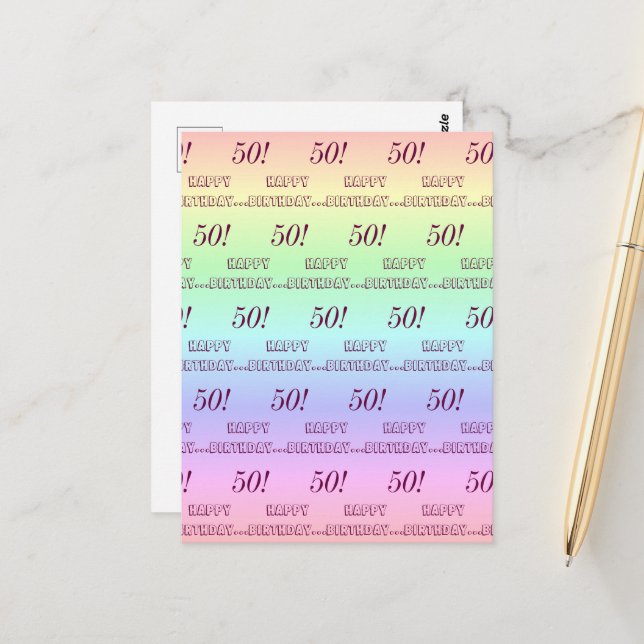 Personalised Elegant Rainbow Stripes 50th Birthday Postcard (Front/Back In Situ)