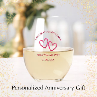 Personalised Elegant Red 40th Anniversary Gift Stemless Wine Glass