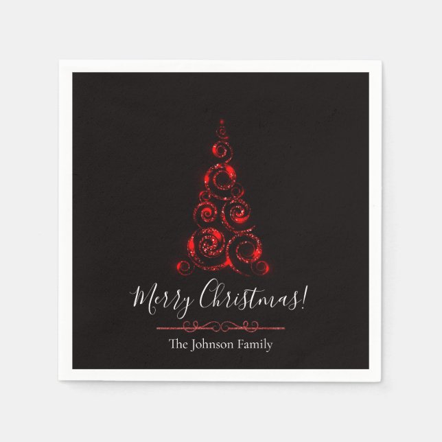 Personalised Elegant Red Glitter Christmas Tree Napkin (Front)