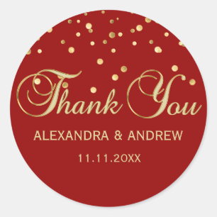 Personalised Elegant Red Gold Wedding Thank You Classic Round Sticker