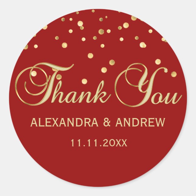 Personalised Elegant Red Gold Wedding Thank You Classic Round Sticker (Front)