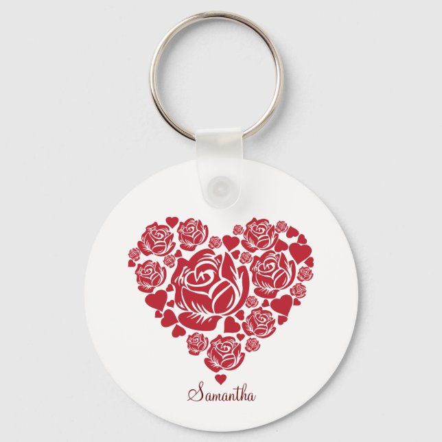 Personalised Elegant Red Rose Heart Valentine's   Key Ring (Front)
