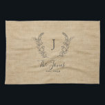 Personalised elegant rustic monogram family name tea towel<br><div class="desc">Custom laurel monogrammed family name and established year elegant chic rustic country farmhouse style ochre beige burlap template kitchen towel.         A modern keepsake gift or kitchen decor for weddings,  anniversaries,  housewarmings,  Thanksgiving,  Christmas,  or any other occasion.</div>