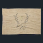 Personalised elegant rustic monogram family name tea towel<br><div class="desc">Custom laurel monogrammed family name and established year elegant chic rustic country farmhouse style ochre beige burlap template kitchen towel.         A modern keepsake gift or kitchen decor for weddings,  anniversaries,  housewarmings,  Thanksgiving,  Christmas,  or any other occasion.</div>