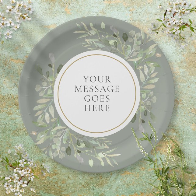 Personalised Elegant Sage Green Gold Greenery Paper Plate (Creator Uploaded)