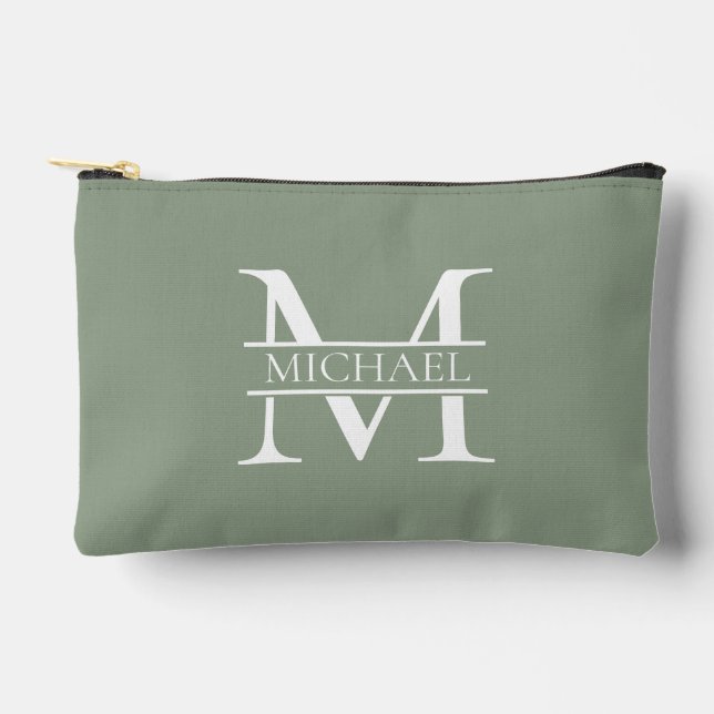 Personalised Elegant Sage Green Monogram & Name Accessory Pouch (Front)