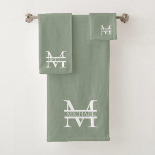 Personalised Elegant Sage Green Monogram & Name Bath Towel Set