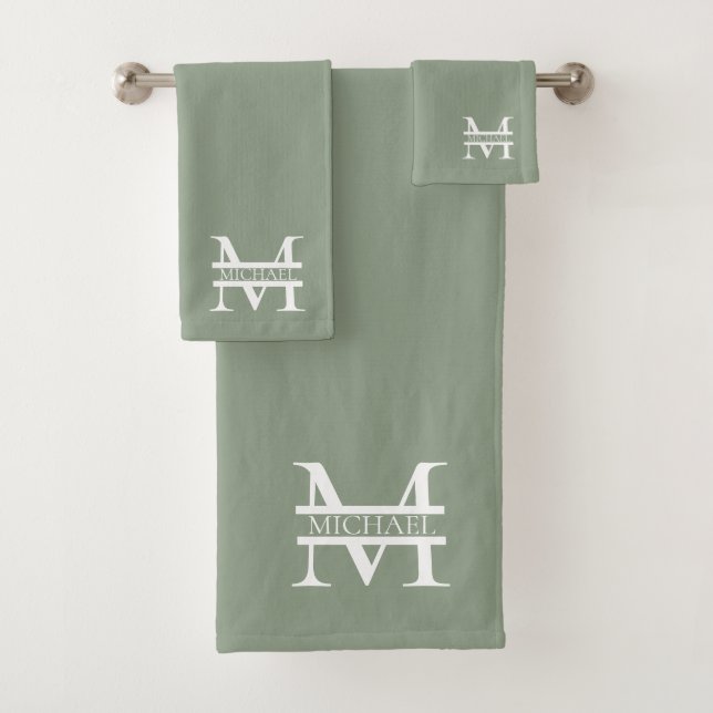 Personalised Elegant Sage Green Monogram & Name Bath Towel Set (Insitu)
