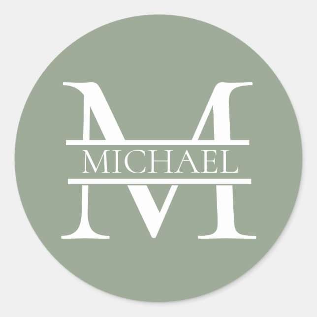Personalised Elegant Sage Green Monogram & Name Classic Round Sticker (Front)