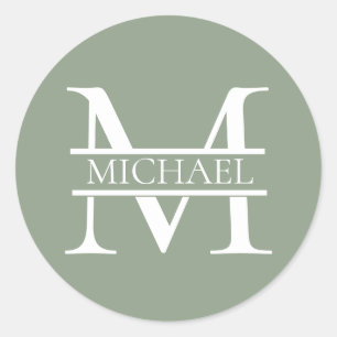 Personalised Elegant Sage Green Monogram & Name Classic Round Sticker
