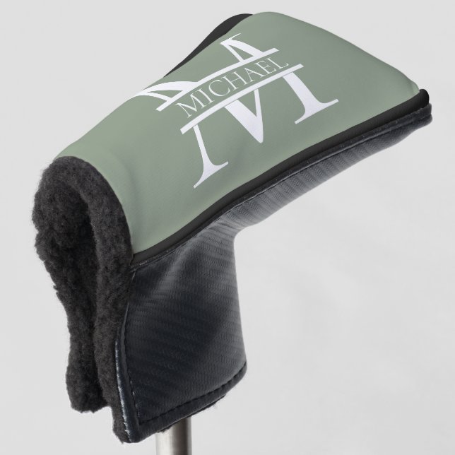 Personalised Elegant Sage Green Monogram & Name Golf Head Cover (3/4 Front)