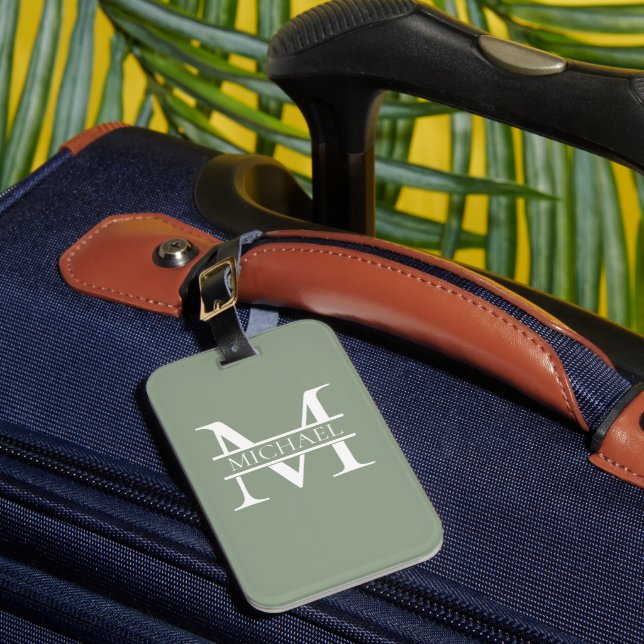 Personalised Elegant Sage Green Monogram & Name Luggage Tag (Front Insitu 1)
