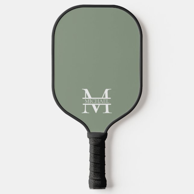 Personalised Elegant Sage Green Monogram & Name Pickleball Paddle (Front)