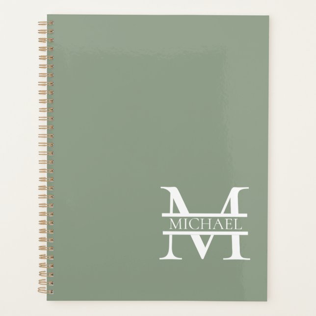 Personalised Elegant Sage Green Monogram & Name Planner (Front)