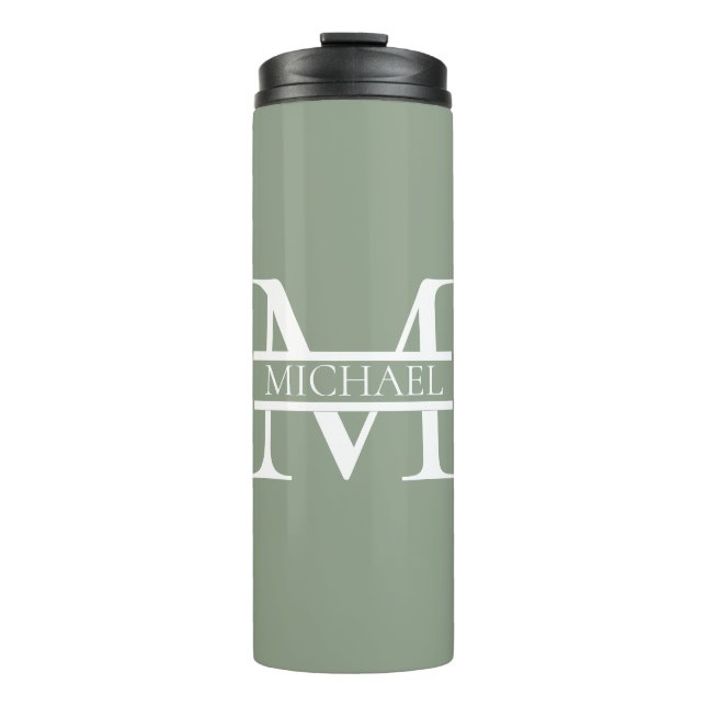 Personalised Elegant Sage Green Monogram & Name Thermal Tumbler (Front)
