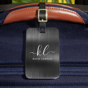 Personalised Elegant Script Black Faux Metallic Luggage Tag