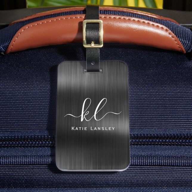 Personalised Elegant Script Black Faux Metallic Luggage Tag (Front Insitu 2)