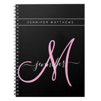 Personalised Elegant Script Black Pink Monogram Notebook