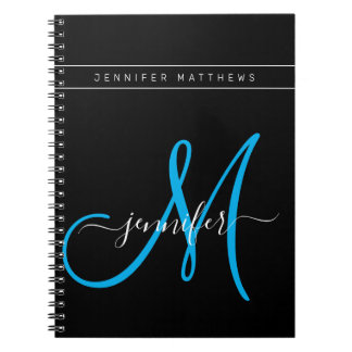 Personalised Elegant Script Blue Black Monogram Notebook