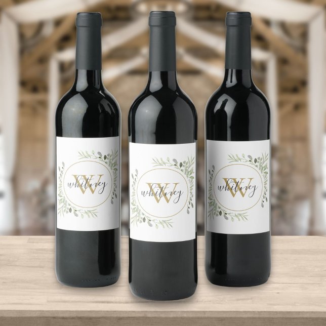 Personalised Elegant Script Greenery Monogram Wine Label (Creator Uploaded)