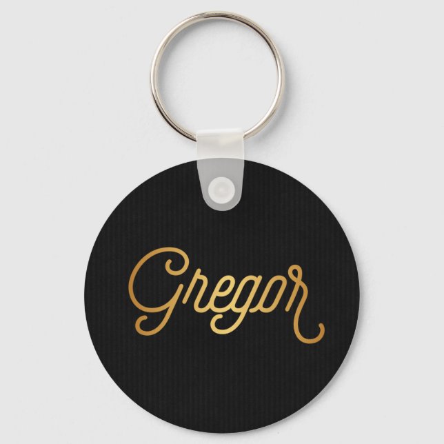 Personalised Elegant Script Gregor Gold Black Key Ring (Front)