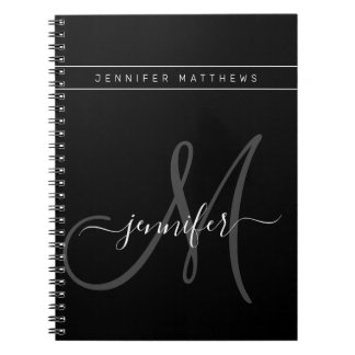 Personalised Elegant Script Grey Black Monogram Notebook