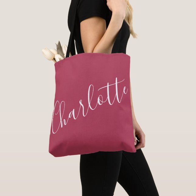 Personalised Elegant Script Name Red Magenta Tote Bag (Close Up)