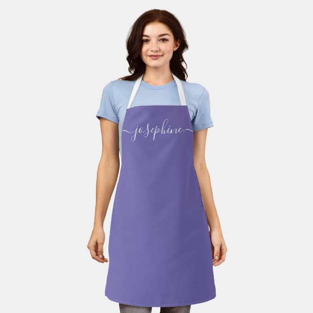 Personalised elegant script name violet adult apron (Worn)