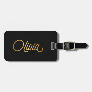 Personalised Elegant Script Olivia Gold Black Luggage Tag