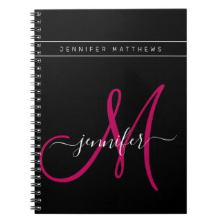 Personalised Elegant Script Pink Black Monogram Notebook