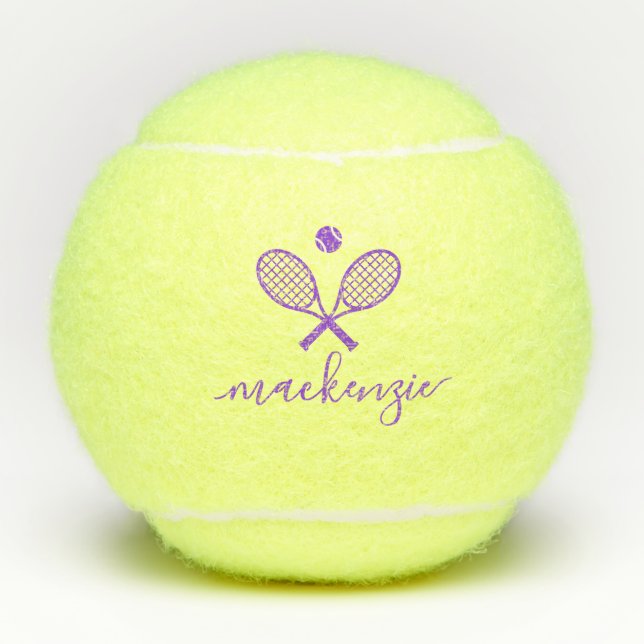 Personalised Elegant Script Purple Crossed Rackets Tennis Balls (Front)
