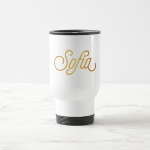 Personalised Elegant Script Sofia Gold Black Travel Mug